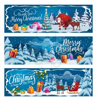 Santa Claus with Christmas sleigh, gift bag and reindeer in winter holidays forest. Xmas tree and New Year presents in snow with ribbon bow, ball and star, candy, lights and snowflake. Vector banners