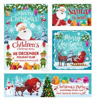 Merry Christmas party, Santa Claus and deer. Vector sleigh and gifts sack, Xmas tree with garland and moose, present boxes and snowman. Cane candy and sleigh, elves and winter holiday party invitation