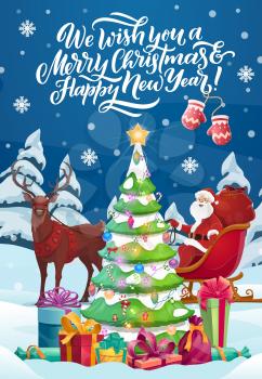 Merry Christmas and Happy New Year winter holiday celebration. Vector Santa with gifts bag on sleigh and reindeer decorating Xmas tree in winter forest with falling snowflakes pattern