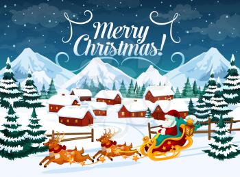 Christmas vector greetings with Santa Claus and harness with deers. Town surrounded with fir forest and mountains at night. Winter holiday landscape poster with wishes, xmas postcard