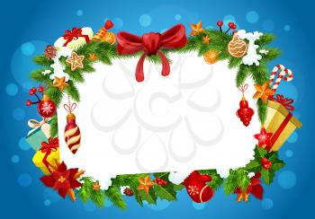 Frame of Christmas greeting card with blank space for wishes, vector. Bow and gingerbread cookies, orange and candy, Xmas tree decorations. Fir branches and gift boxes, mittens and holly berry