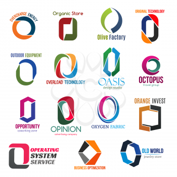Corporate identity letter O business icons. Vector energy and food, factory and technology, equipment and design, travel and coworking. Advertising and fabric, finance and operating, jewelry isolated