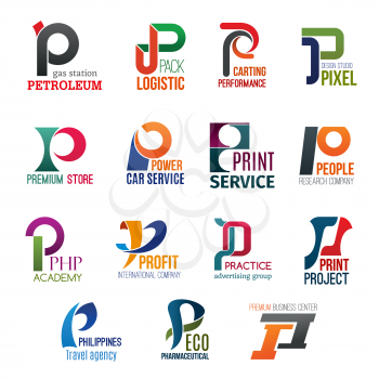 Corporate identity letter P business icons. Vector gas and logistic, transport and design, shopping and repairing, science and typography. Education and finance, advertising, travel and ecology