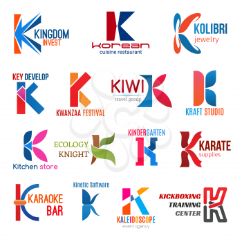 Corporate identity letter K business icons. Vector finance, food and jewelry, development and entertainment, travel and studio. Shopping, ecology and education, sport and software, event and training