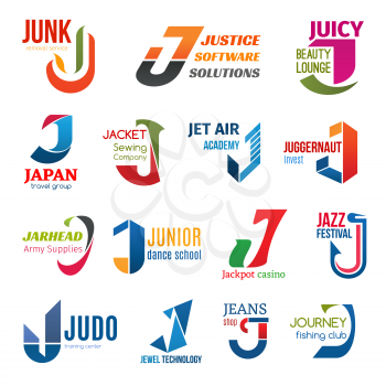 Corporate identity letter J business icons. Vector ecology, software and beauty, travel and sewing, education and finance, army and hobby. Gambling and music, sport and technology, fashion and fishing