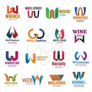 Corporate identity letter W business icons. Vector repair and transport, factory and workspace, technology and facilities, shopping and drink. Entertainment and energy, warranty and distribution