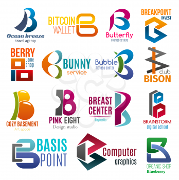 Corporate identity letter B business icons. Travel and digital, money and beauty, finance, gaming and sport, art, design and medicine, education and technology, food. Vector emblems, signs or symbols