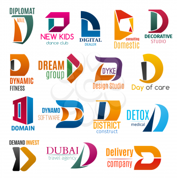 Corporate identity letter D business icons. Vector mail and entertainment, technology and consulting, decor and sport, design and software. Building and medicine, finance and travel isolated