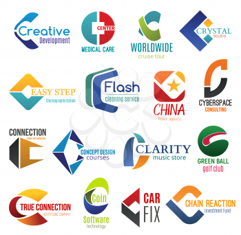 Corporate identity letter C business icons. Vector development and medicine, travel, education and cleaning, consulting. Law and design, music, sport and adertising, technology, transport and finance