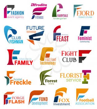 Corporate identity letter F business icons. Vector fashion and sport, education, travel and hobby, technology, advertising and community. Support and food, recreation, camping, floristry and finance