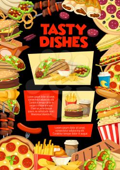 Fast food combo lunch menu of burgers, snacks or drinks and desserts. Vector fastfood delivery or takeaway pizza or hot dog sandwich and grill chicken with coffee and donut