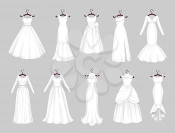 Wedding dress on hangers isolated icons set. Vector Save the Date greeting, engagement and marriage party invitation or bride tailor salon symbols of white wedding dress with veils and laces