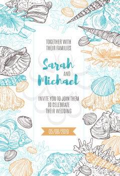 Wedding ceremony or engagement party invitation template with vector seashells, marine molluscs and corals frame border. Clam, chiton and snail, tusk, murex and conch, auger and cockle sea shells
