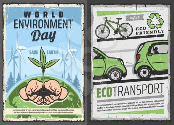 World environment or Eco day retro vector. Environmental issues awareness, save the Earth concept. Eco transport and renewable energy sources, recycling garbage and wind mills, eco friendly planet