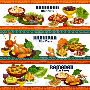 Iftar party food of Ramadan Kareem holiday. Coffee, dates and chicken biryani, kebab, baklava and samosa, hummus, chickpea balls and grilled fish, stuffed zucchini and cookies, vector design