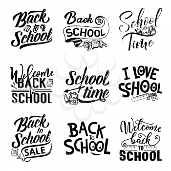Back to school hand drawn lettering for sale offer promotion and welcoming banner design. Education student supplies of pencil, book and backpack, pen, ruler and globe with calligraphy quotes