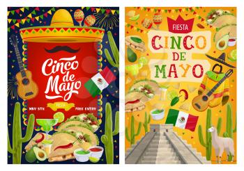 Cinco de Mayo fiesta party vector invitations with Mexican holiday sombrero hats, guitars, maracas and moustcahe. Chilli taco, nachos and avocado, tequila margarita, flag of Mexico and festive bunting