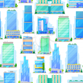 Shopping malls, trade and business centers pattern. Vector seamless background of commercial buildings, shops or stores and city supermarkets or offices