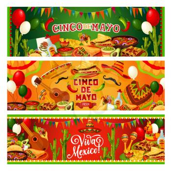 Cinco de Mayo, Viva Mexico banners, Mexican fiesta party celebration balloons and flags. Vector Mexico flag with Cinco de Mayo holiday food, traditional poncho, sombrero and maracas