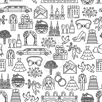 Wedding and marriage seamless pattern. Vector bride and groom couple, church and rings, limousine car and doves, cupid and engagement bouquet. Presents and dresses, champagne and banquet table