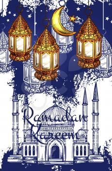 Ramadan Kareem Muslim holidays sketch mosque. Vector Islamic religious symbol of crescent moon, star and golden lantern with Ramadan Arabic calligraphy