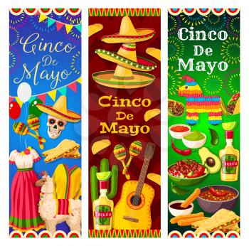 Cinco de Mayo Mexican holiday vector skull, sombrero and guitar, cactus tequila, chilli and maracas, avocado, nachos and tacos, mariachi costumes, pinata, firework and bunting. Puebla Battle themes