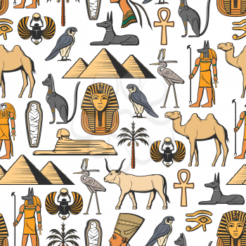 Egypt religion vector seamless pattern of ancient Egyptian symbols. Nefertiti and Ra, Anubis and pyramids, mummy and Sphinx, pharaoh. Animals scarab and camel, Eye of Horus and Eagle of Saladin