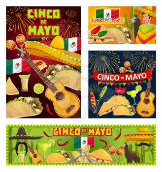 Mexican fiesta party of Cinco de Mayo holiday invitations. Vector sombreros, guitars and maracas, tequila margarita, cactus and moustache, Mexico flag, chilli tacos and nachos, fireworks and greetings