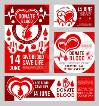 Blood Donor Day banners of 14 june world celebration. Transfusion laboratory donation events promo posters template with red heart, blood drop, heartbeat pulse and helping hand symbols