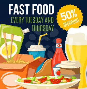 Fast food restaurant snacks and drinks discount offer. Vector pizza, coffee and soda, fried chicken, chinese noodle and beer with ketchup and mayonnaise sauce special price promo flyer design