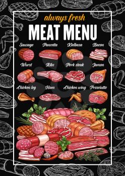 Butchery meat products and butcher shop sausages menu. Vector grocery store sketch pancetta, kielbasa or pork bacon and wurst, ham or chicken wing and leg, ribs, prosciutto and jamon with beef steak