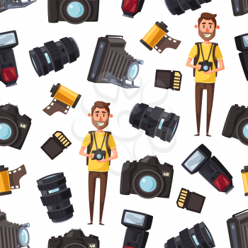 Photographer and professional photography equipment seamless pattern. Vector cartoon background of cameraman or journalist man with camera, optic lens or photo films and SD card storage