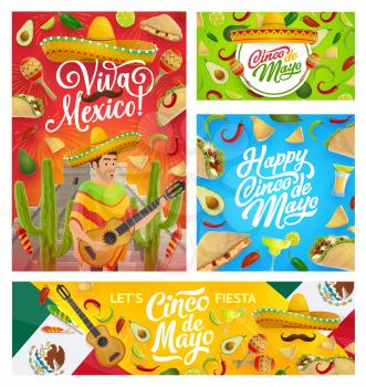 Cinco de Mayo Mexican holiday greetings, man in sombrero and poncho play guitar. Vector Mexican Cinco de Mayo fiesta maracas, mustaches and tequila with avocado, chili jalapeno pepper and tacos