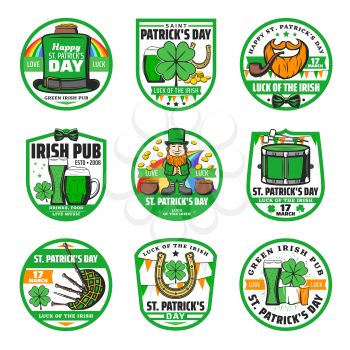 Saint Patricks Day vector badges of religion Irish holiday. Leprechaun, pots of gold, hat and rainbow, shamrock and clover green leaves, beer, horseshoe and orange beard with pipe, Ireland flag, drum