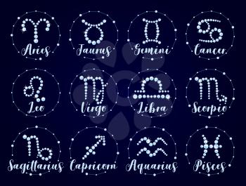 Zodiac signs, brilliants or diamonds, horoscope and astrology. Vector aries and taurus, gemini and cancer, leo and virgo, libra and scorpio. Sagittarius and capricorn, aquarius and pisces in night sky