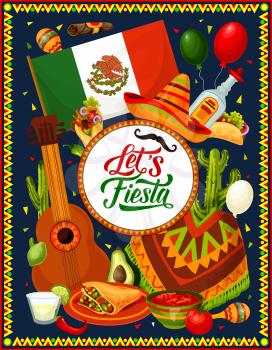 Mexican fiesta sombrero, guitar and festive food vector design of Cinco de Mayo holiday celebration. Tequila, chilli tacos and nachos, cactus, flag of Mexico and cigar, mariachi costumes and balloons
