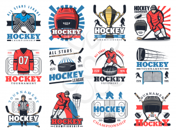 Ice hockey sport club or championship game icons. Vector symbols of ice hockey tournament cup, equipment and players with puck and hockey stick, goalkeeper to defenseman at gates and referee whistle