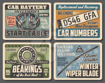 Car service vintage posters of garage mechanic diagnostic, automobile number plates replacement and recovery. Vector automotive spare parts shop with bearings and winter wipe blades