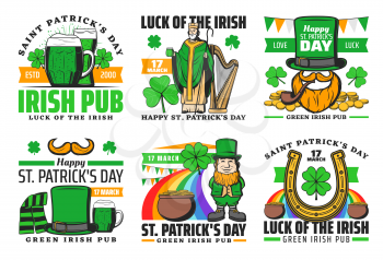 St Patrick day lucky shamrock clover and beer pub icons. Vector leprechaun in green hat with gold coins cauldron pot and rainbow, Saint Patrick with Irish beer, pint and smoking pipe in beard