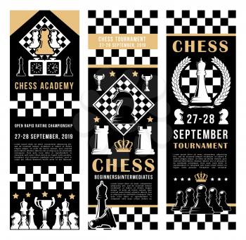 Chess academy tournament banners. Vector chess port and leisure game pieces horse, rook and king crown on chessboard strategy background with score clock