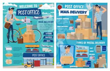 Post office, parcels and mail correspondence delivery. Vector post office and express delivery, cargo shipping and freight logistics, courier with newspapers and letter envelopes