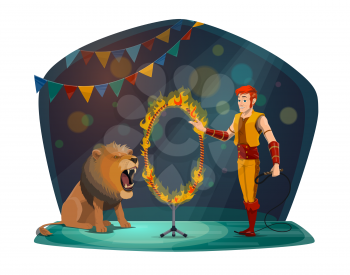 Circus trainer man with lion jumping in fire ring. Big top circus animal and tamer show performance on cartoon arena