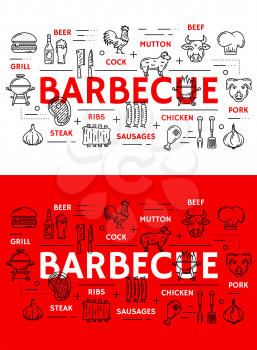 Barbecue grill meat poster and sausages line icons. Vector BBQ restaurant, steak house or bar menu of beefsteak, pork or beef T-bone and chicken with burger, mutton ribs and beer