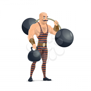 Circus muscle man with dumbbells in vintage striped costume. Retro big top circus strong man performer with iron barbell ball balls in show performance on cartoon arena