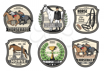 Horse racing school, polo sport club and jockey horserace badges. Vector equestrian icons of hippodrome horse racing, victory cup and equine equipment