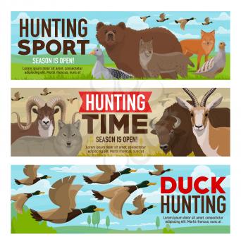 Hunting open season, wild animals and birds hunt adventure. Vector hunter feathery and hoofed trophy duck, bear or buffalo ox and wolf or fox, forest partridge or gazelle and lynx