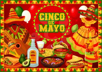 Cinco de Mayo Mexican holiday greetings poster with food and decorations. Vector Mexico fiesta Cinco de Mayo sombrero with poncho and mustaches, cactus tequila, nachos and avocado, guitar and pinata