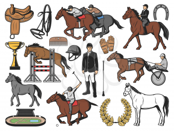 Horses, equestrian sport and jockey polo racing equipment. Vector hippodrome barriers, harness with saddle and horseshoe, horserace carriage on competition ride course and victory cup