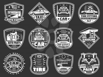 Auto service, car repair service and vehicle spare parts store icons. Vector taxi service, gasoline station or car wash and automotive diagnostics and restoration garage or tire fitting