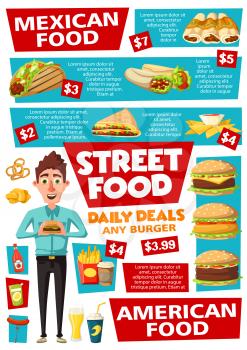 Fast food menu, street food snacks, hot dogs and burgers. Vector fastfood takeaway, Mexican burrito and tacos or quesadilla, cheeseburger or hamburger and coffee with beer and soda